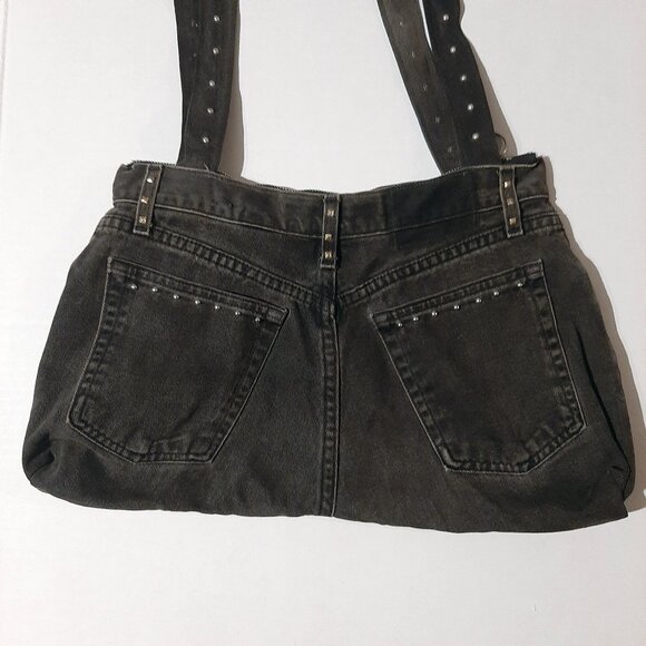 handmade shoulder bag purse made from black jeans chrome studs unique super cute - Picture 4 of 11